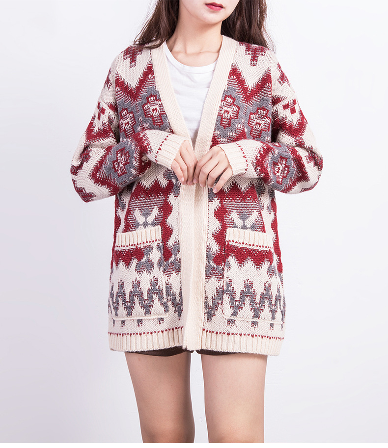 跨境秋冬新款刺绣毛衣外套女 宽松加厚波西米亚民族风毛衣开衫女