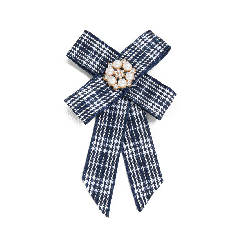 欧美流行复古英伦风蝴蝶结镶嵌珍珠布艺格子领针衣服配饰胸针