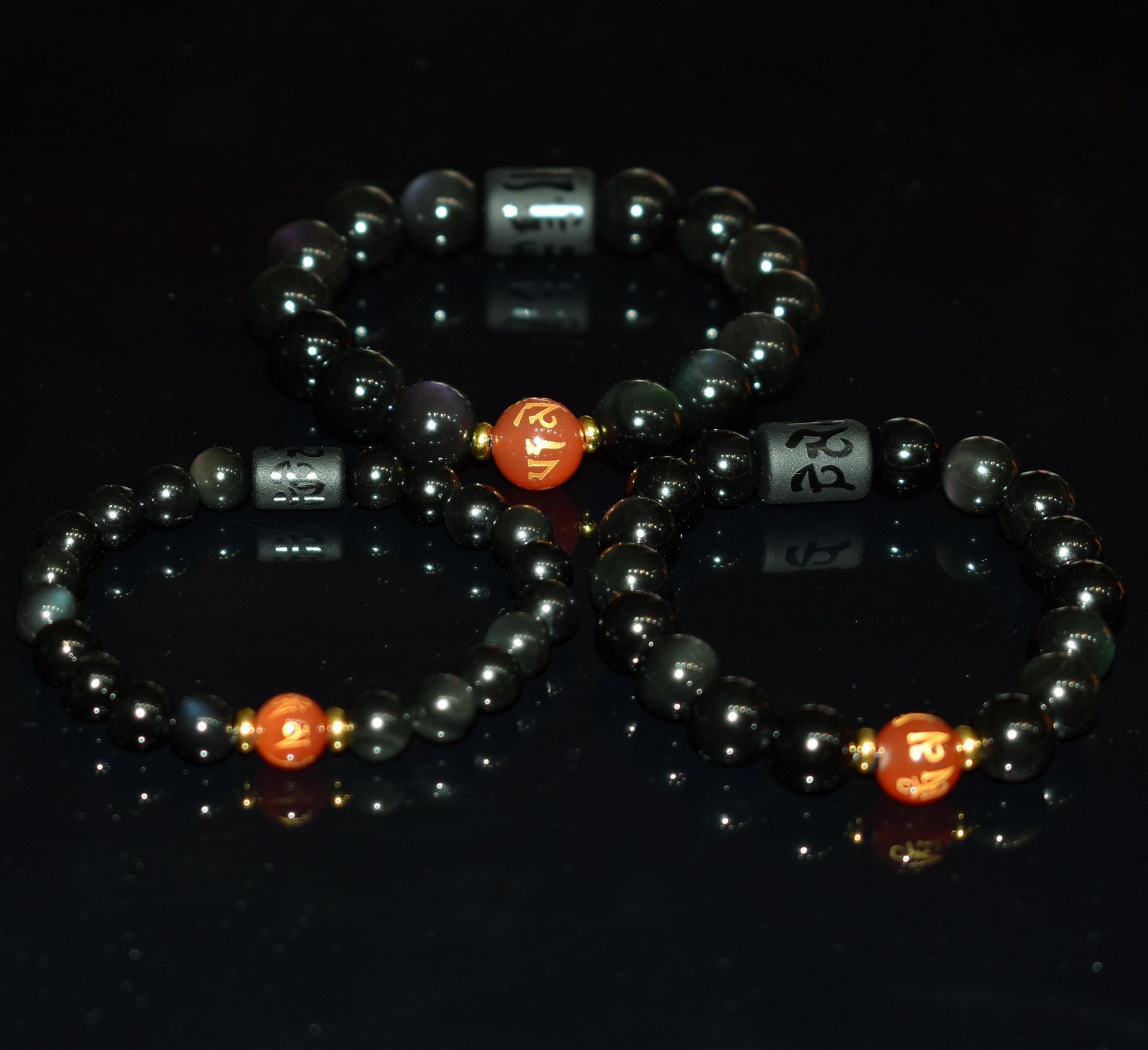 彩虹眼黑曜石搭配六字真言转运珠手链 佛珠饰品手串批发