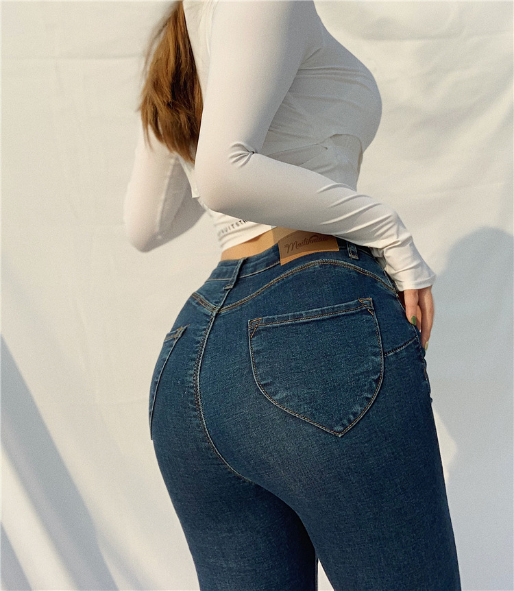 欧美风高腰紧身蜜桃臀桃心牛仔裤女纯色显瘦超弹力紧身小脚铅笔裤