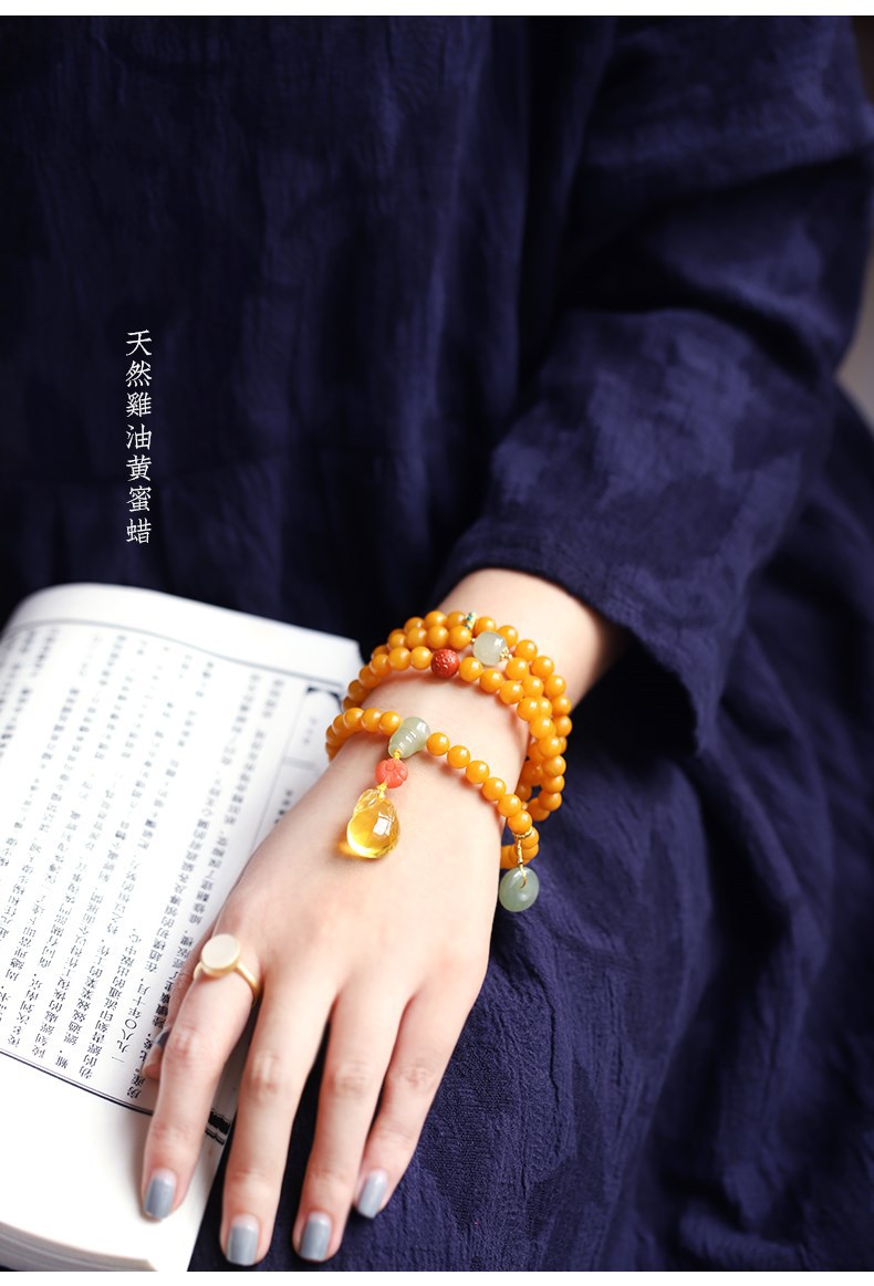 天然鸡油黄蜜蜡108佛珠手串7mm原创diy搭配和田玉平安扣蜜蜡吊坠