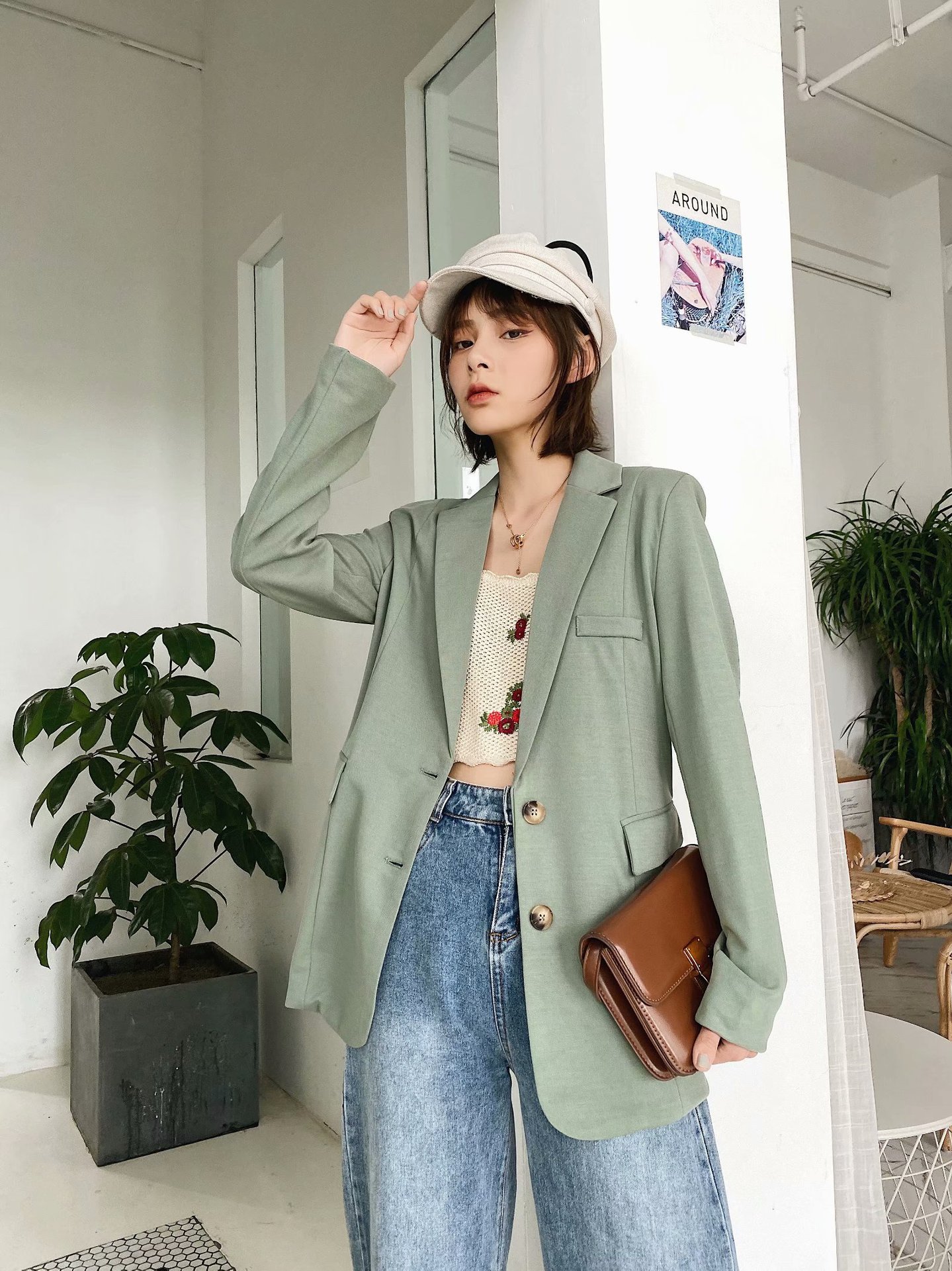 夏季新款欧美女装时尚纯色薄荷绿男友风西装外套上衣w3723