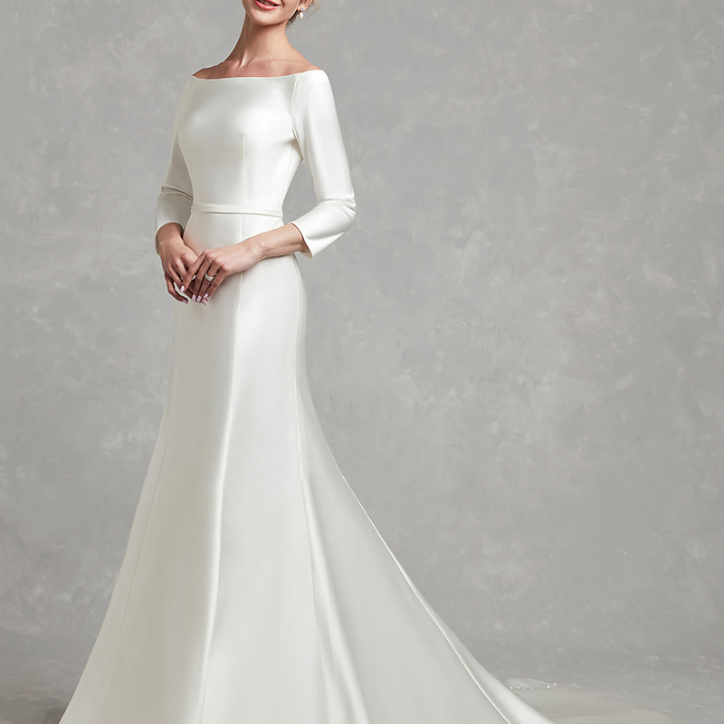 跨境欧美一字肩法式a字白色收腰显瘦公主长袖拖尾婚纱
