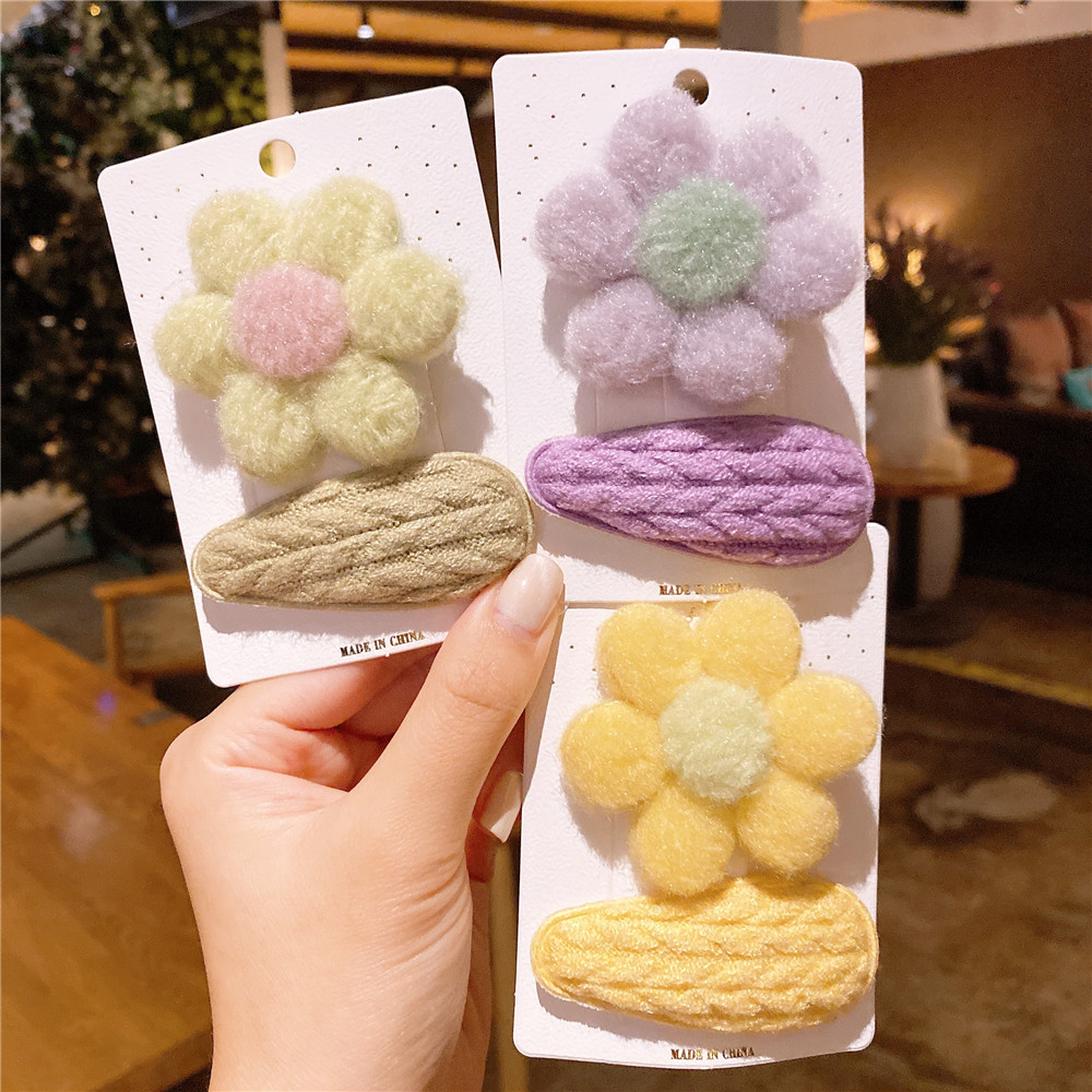 秋冬毛绒手工花朵发夹毛线针织撞色刘海夹子甜美少女心边夹子头饰