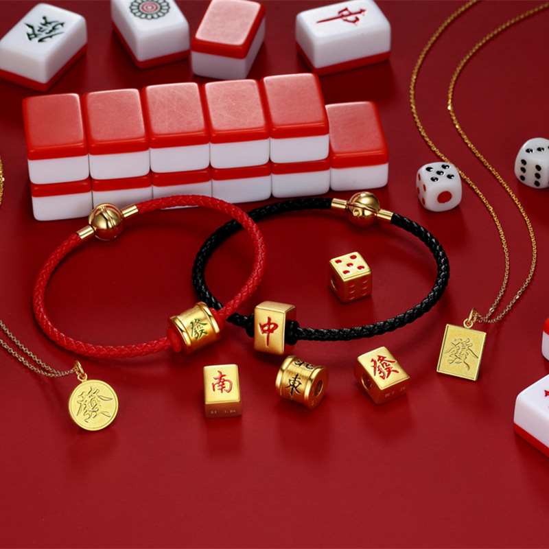 麻将-大四喜 足金转运珠黄金串珠手链国潮3d硬金手绳
