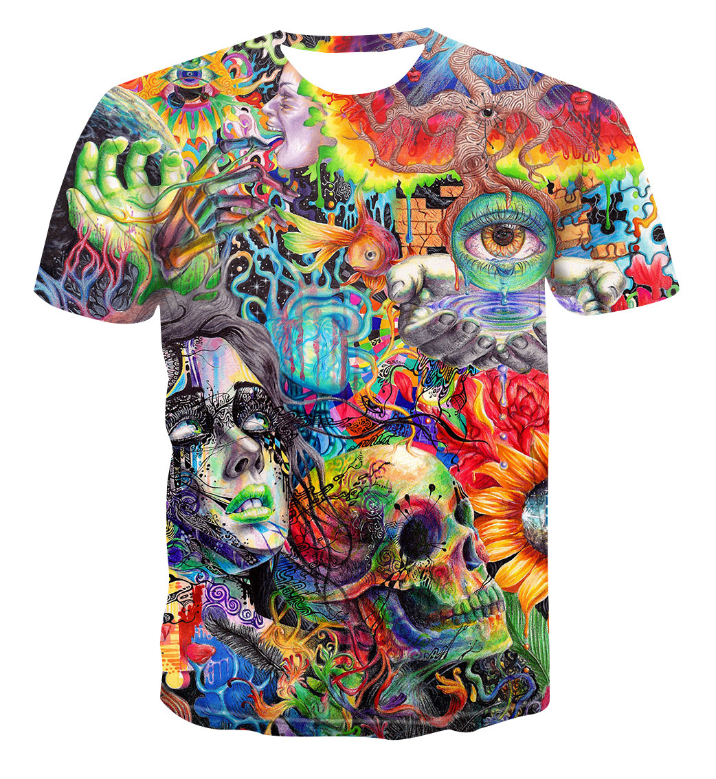 源头厂家 彩绘涂鸦骷髅3d立体图案t恤 夏季潮牌简约男女时尚短袖