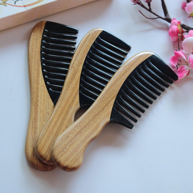 绿檀木拼牛角梳 双弯木拼梳 细齿绿檀木水牛角合木梳