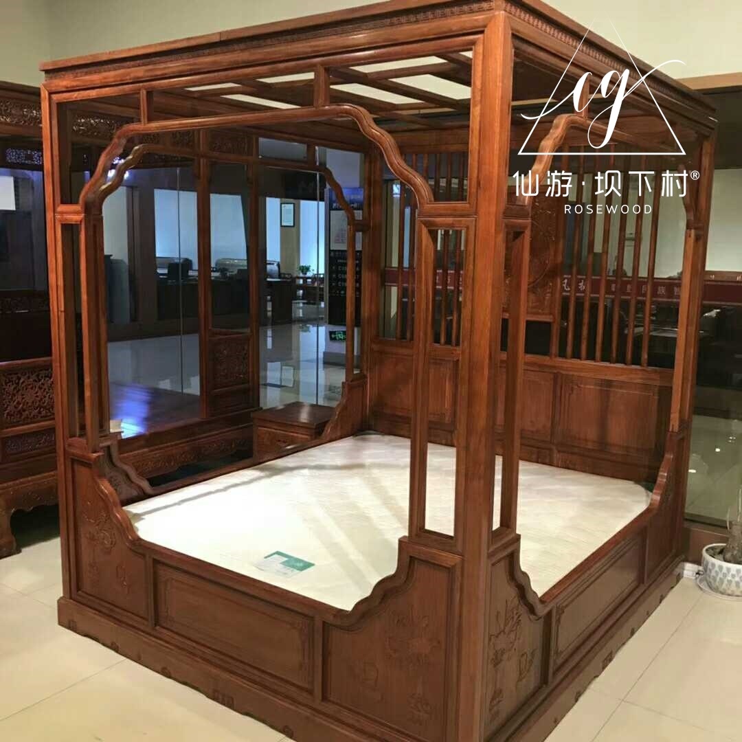 缅甸花梨大果紫檀明式雕花架子床三件套双人床公主床卧室红木家具