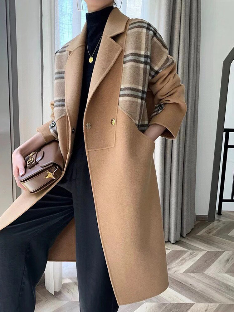 双面羊绒大衣女2020韩版秋冬新品直筒长袖条纹暗扣中长款女装外套