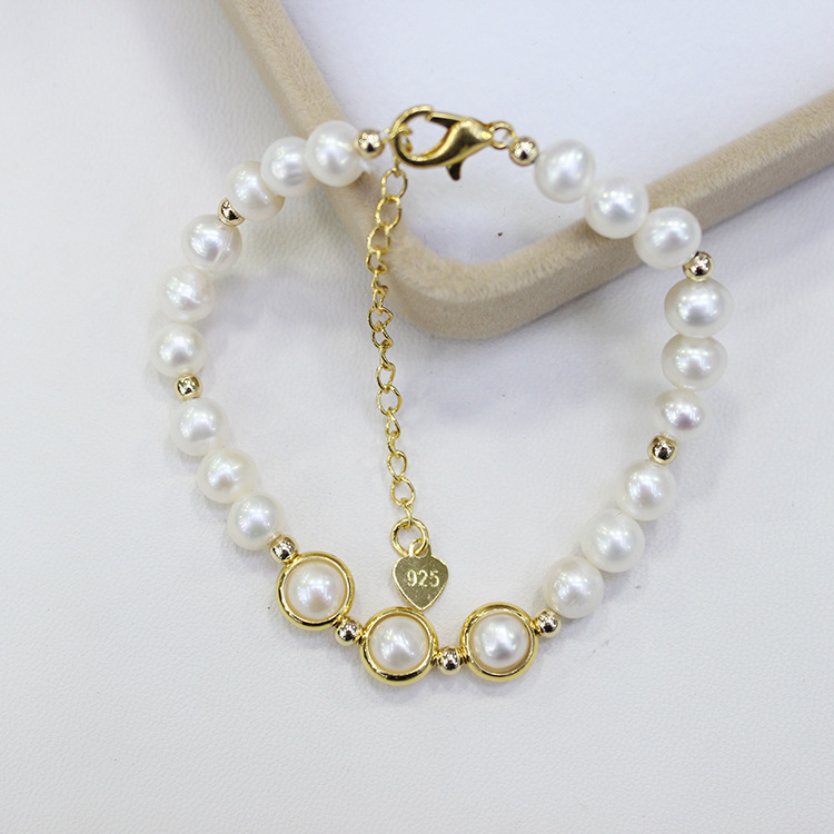 批发珍珠手链 淡水珍珠近圆6-7mm隔圈球 龙虾尾链扣 手饰三款颜色