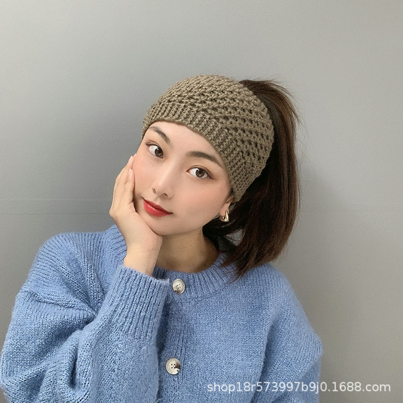 秋冬时尚保暖毛线发带帽针织宽边头套遮白发护耳头箍镂空帽