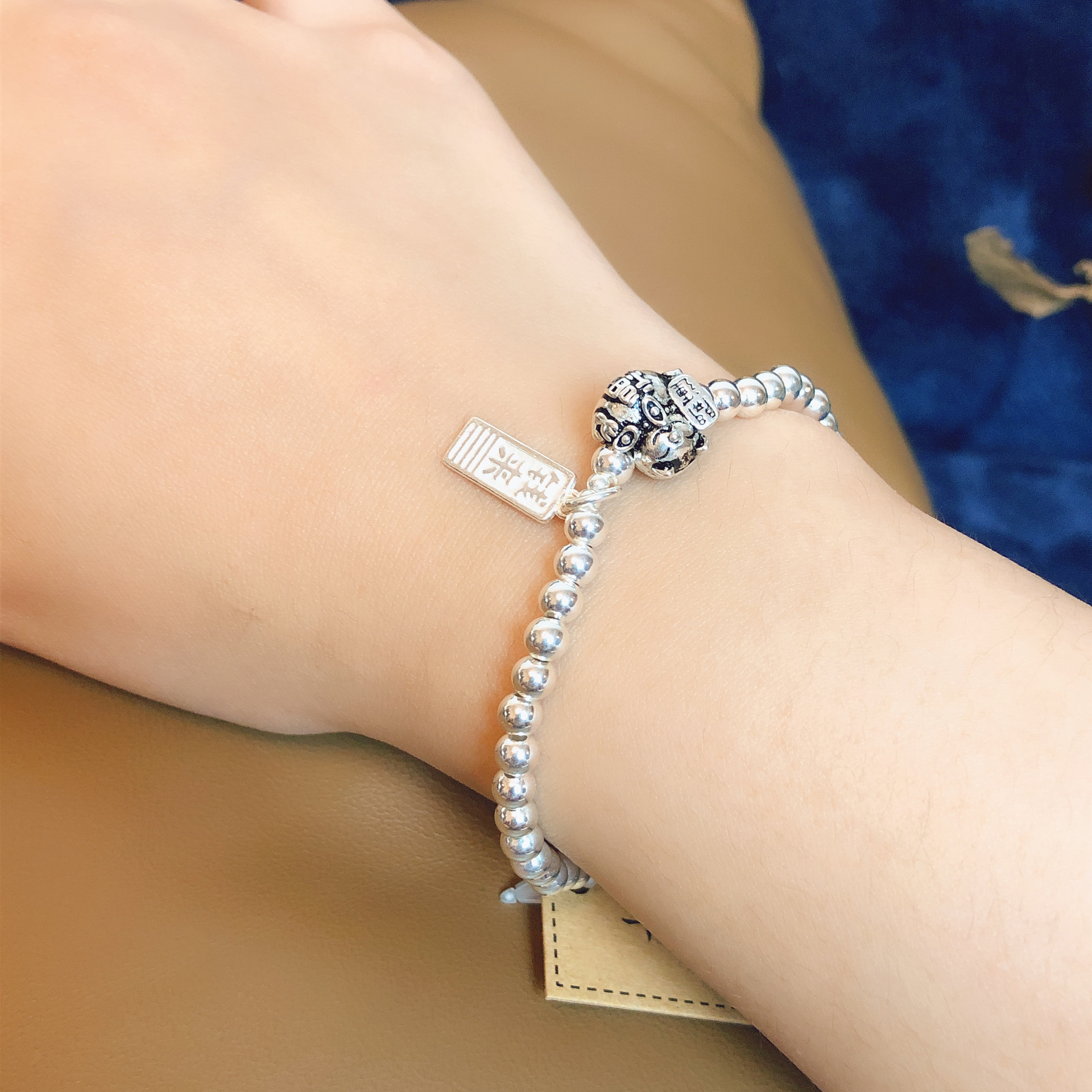 s925银银珠手串手链女单圈招财猫咪批发代发简约年轻个性学生送礼