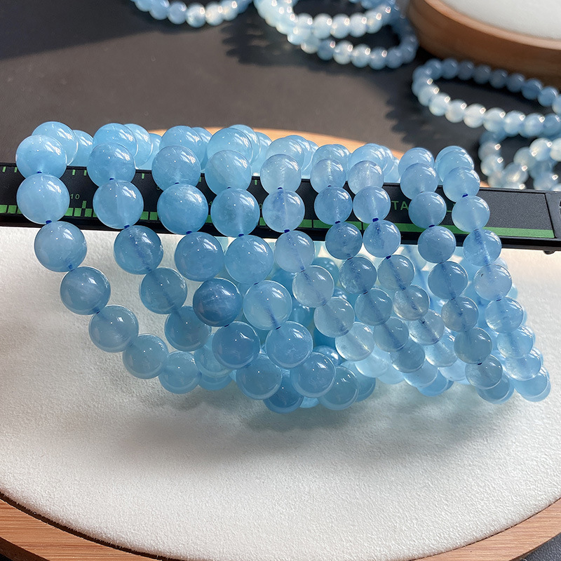 晶尧 海蓝宝手链蓝色水晶圆珠单圈手串补水双鱼座守护石男女饰品