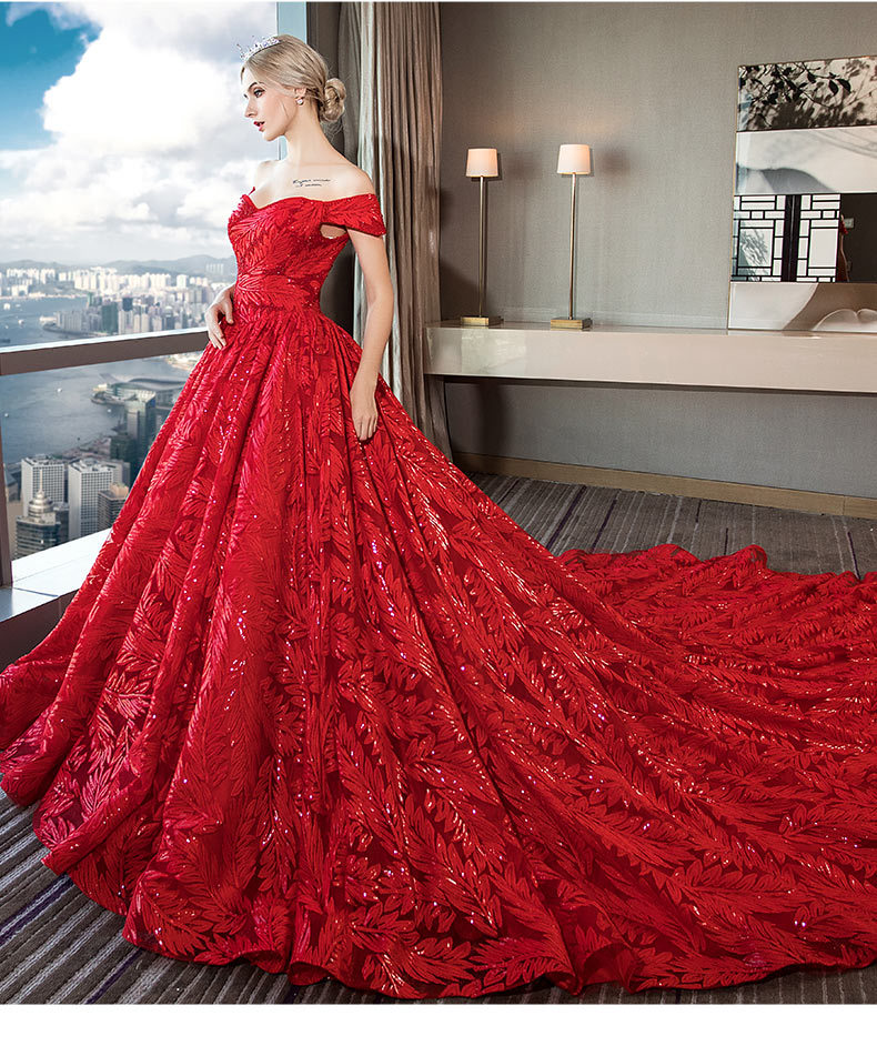 一字肩婚纱礼服2022新款新娘结婚网红抖音红色大码女森系拖尾显瘦