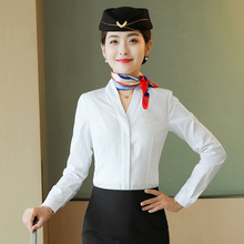 夏装女韩版折叠袖短袖OL职业正装简约V领棉细斜纹衬衫工作服衬衣