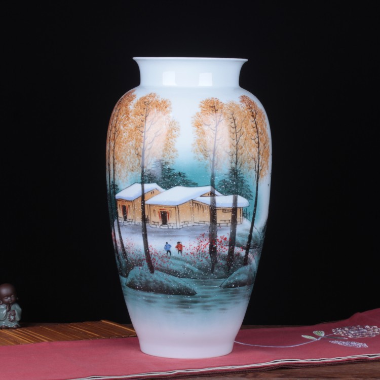 景德镇陶瓷花瓶釉上彩手绘(山居图)陶瓷花瓶花插中式礼品田园风