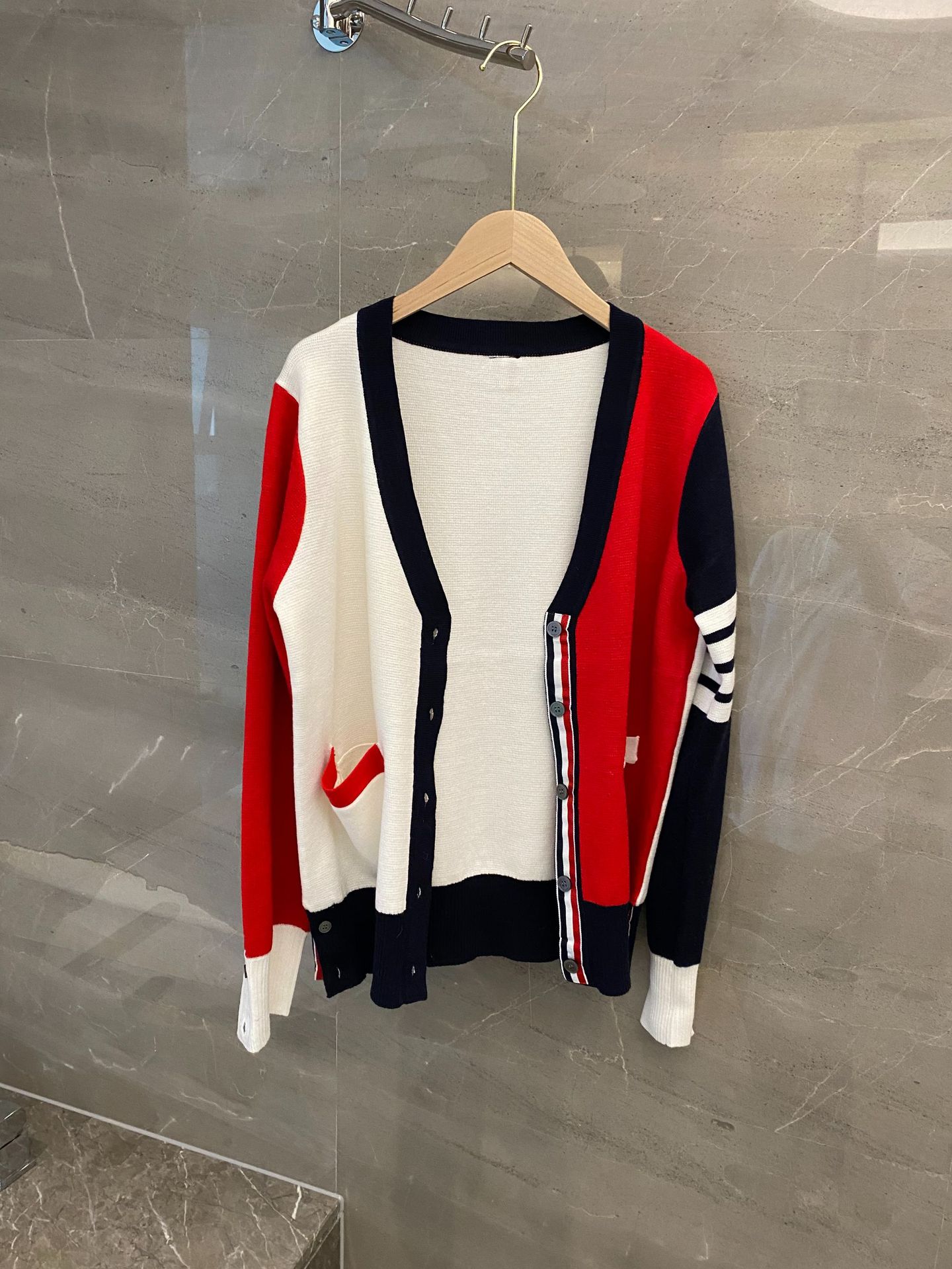 tb学院风v领拼色羊毛开衫女毛衣宽松显瘦百搭韩版撞色针织外套潮