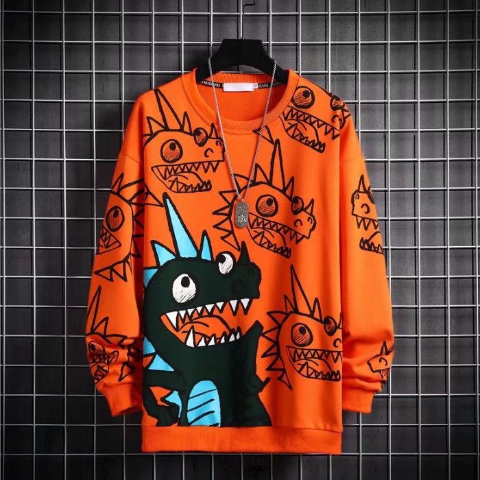 跨境20秋季新品恐龙男oversize套头卫衣韩版潮ins超火外套长袖t恤