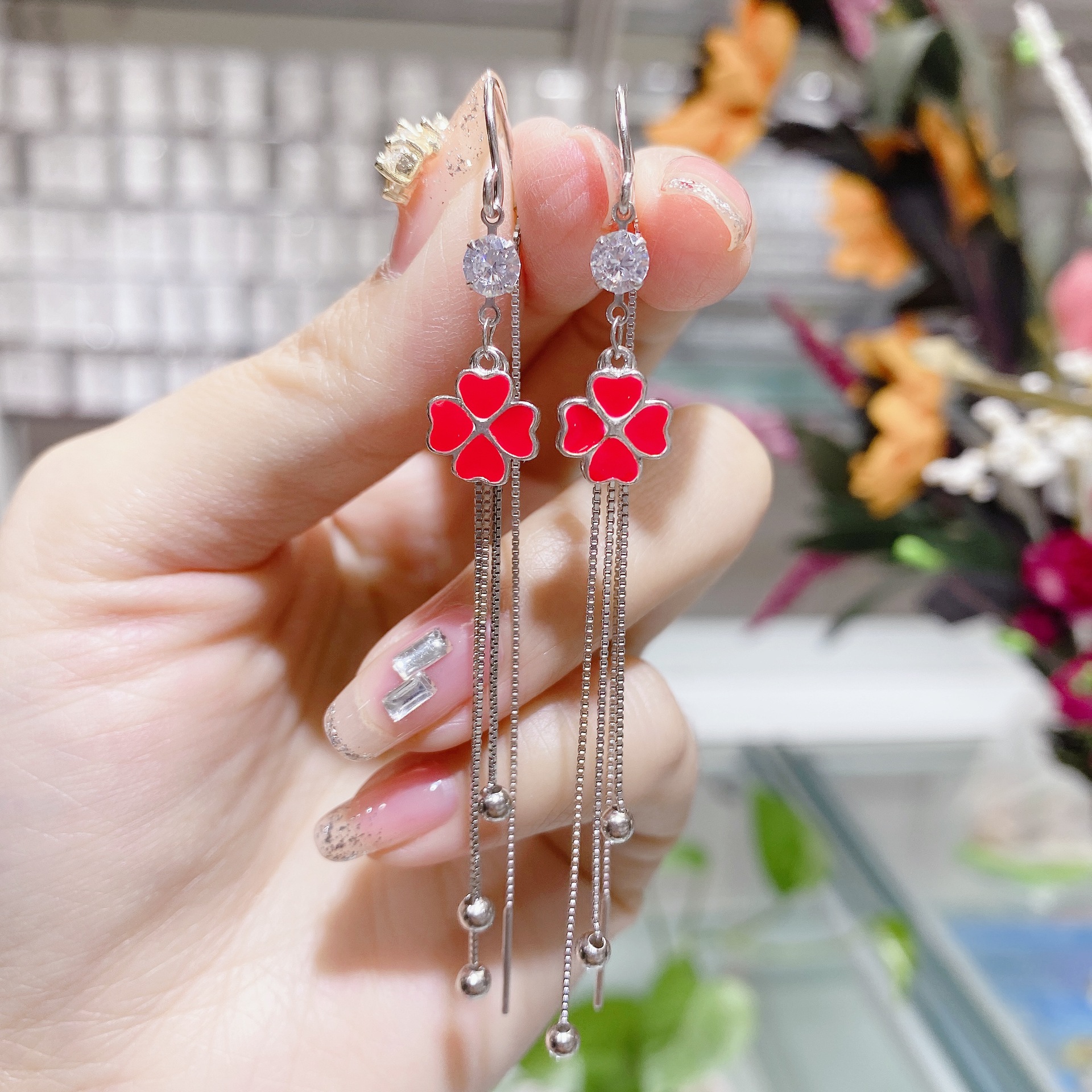 预售同款s925纯银四叶草防丢耳线长款流苏耳环耳饰品支持一件代发