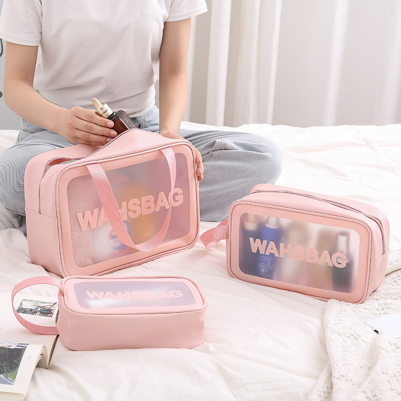 Transparent Cosmetic Bag Pvc Wash Bag Three-Piece Translucent Pu Frosted Bath Swimming Storage Bag Large Capacity for Women