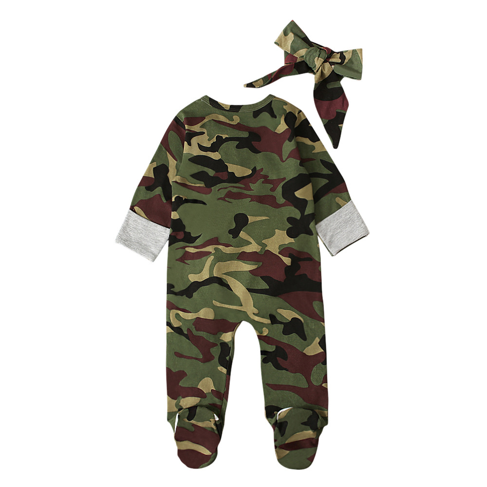 儿童欧美春秋季男童长袖迷彩连体衣爬服哈衣 头带两件套童装ins