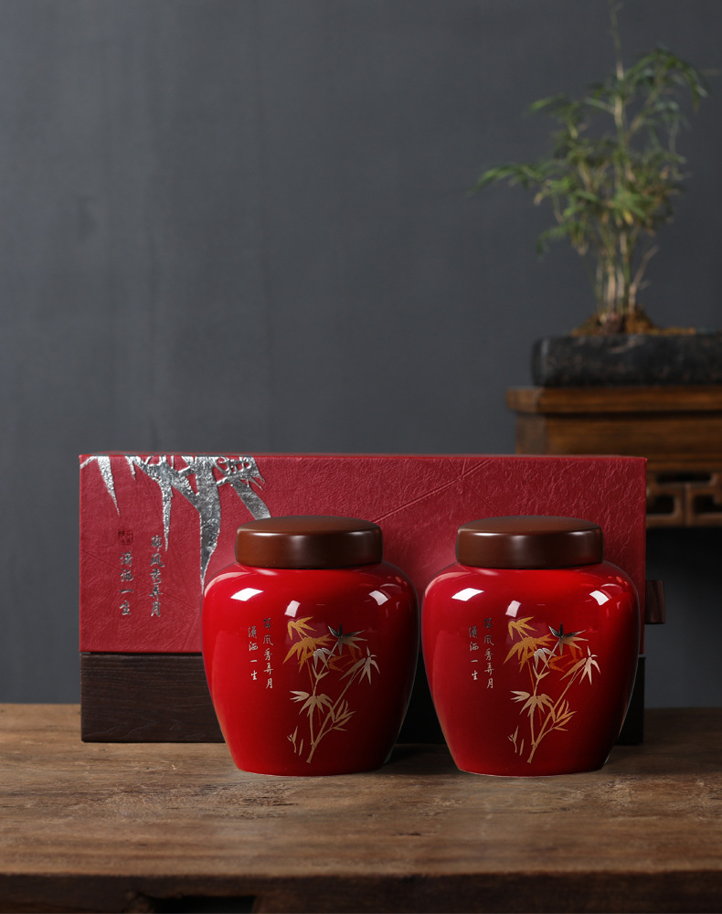大红袍陶瓷罐双罐礼盒装红色罐子半斤装空盒定制logo食品罐批发