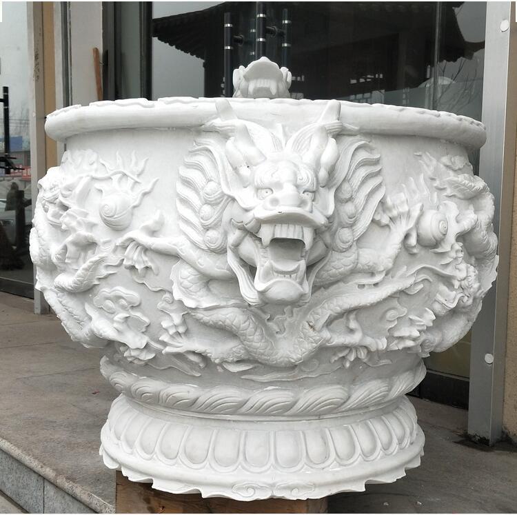 汉白玉龙缸庭院石缸石雕花盆石盆仿古石头水槽户外圆形养鱼摆件