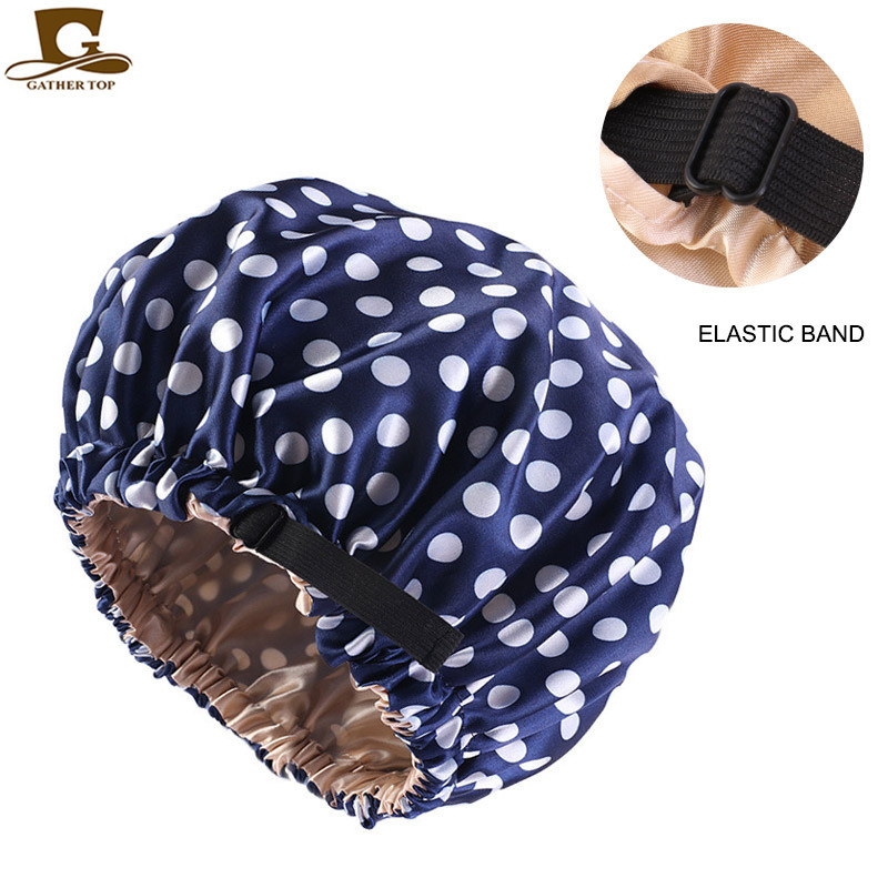 亚马逊优质货源色丁印花双层睡帽 隐形扁调节扣浴帽 美容美发帽子