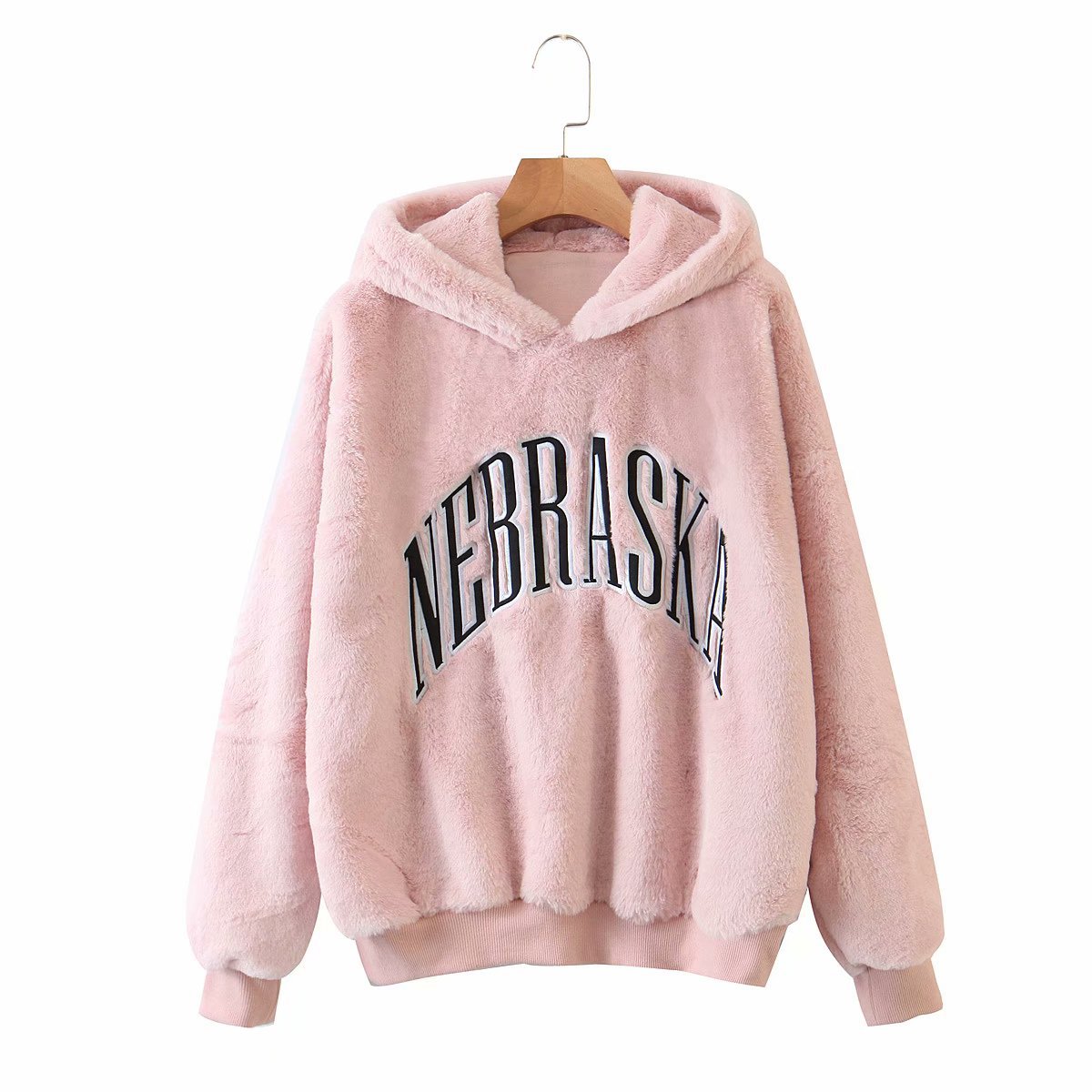 夏季新款欧美女装时尚字母毛绒连帽宽松外套w3832