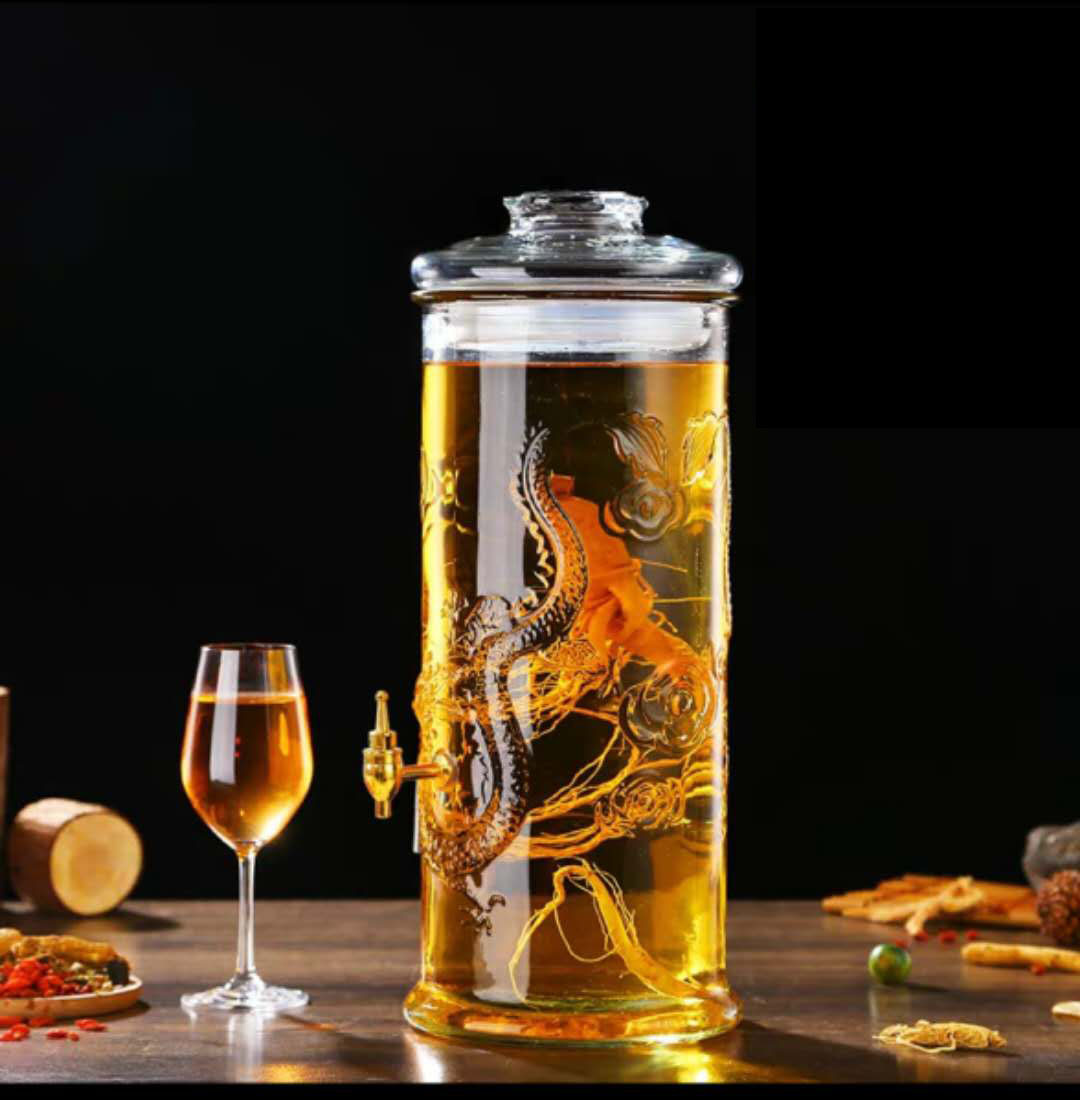 广口泡酒玻璃瓶加厚带龙头人参药酒瓶木底座龙图腾酒坛子10斤20斤