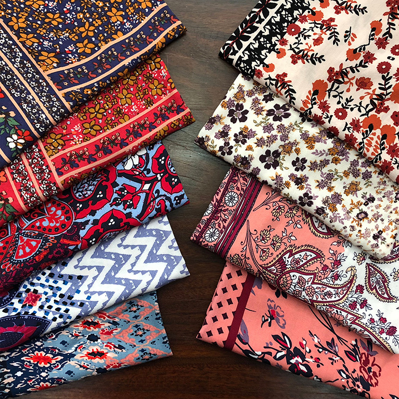 双边定位印花布料 40支人棉乱麻 波西米亚度假风连衣裙服装面料