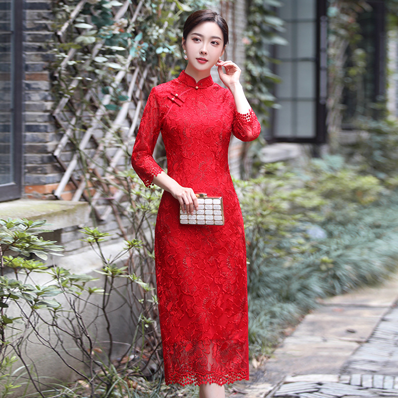 新款旗袍女装 改良旗袍连衣裙 蕾丝旗袍宴会礼服少女旗袍一件代发