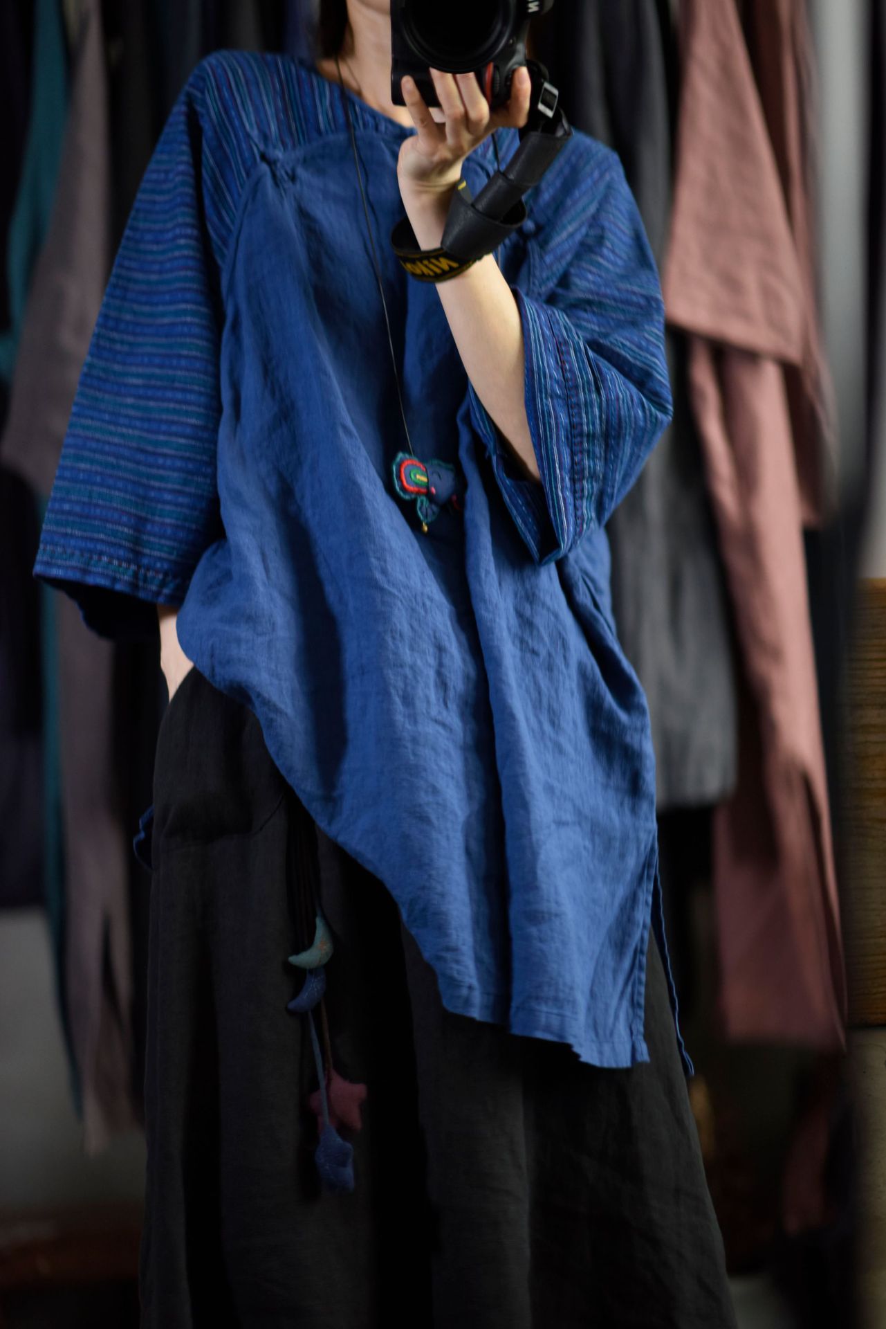 20/9月/旧人 原创棉麻棉布手织老布条纹拼接套头复古盘扣新款衬衫