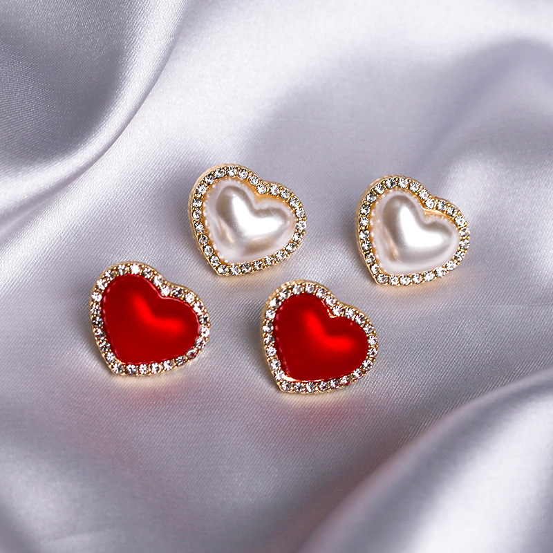 韩国爱心珍珠耳钉红色珠子耳环2021年秋冬新年喜庆耳饰银针耳坠