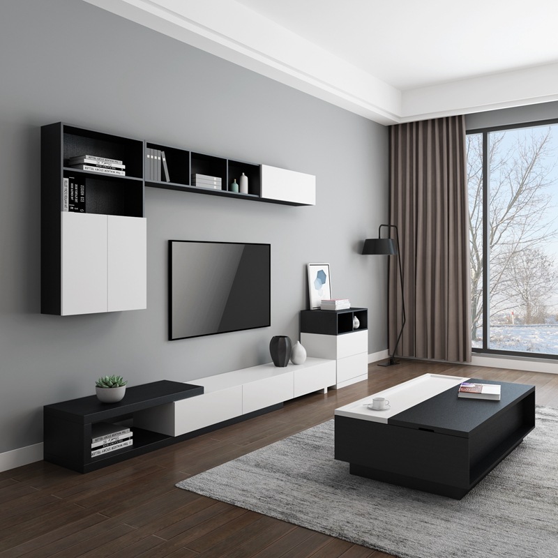 现代简约伸缩电视柜茶几组合套装北欧创意大小户型客厅吊柜背景墙