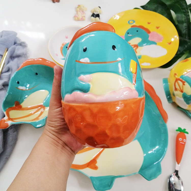 Japanese Cartoon Bitron Cute Bowl Plate Cup Set Household Ceramic Tableware Dinosaur Children's Rice Bowl Plate