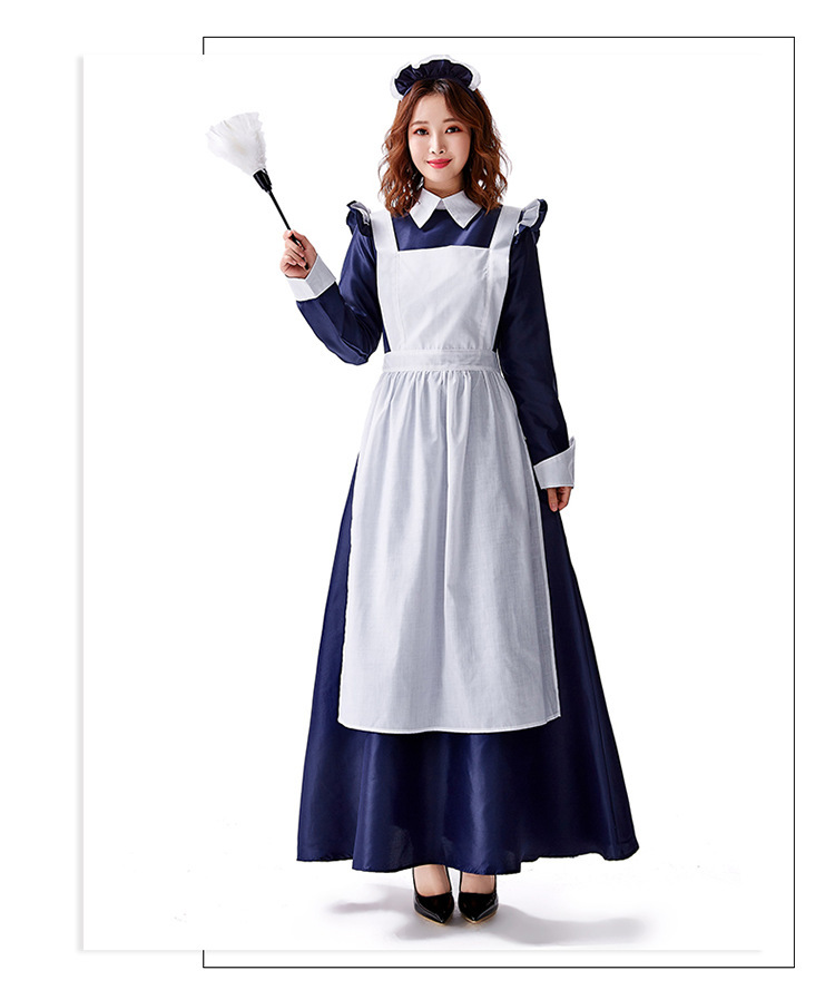 女仆连衣裙日式长裙管家女佣制服深蓝色女仆制服装下午茶侍者服装