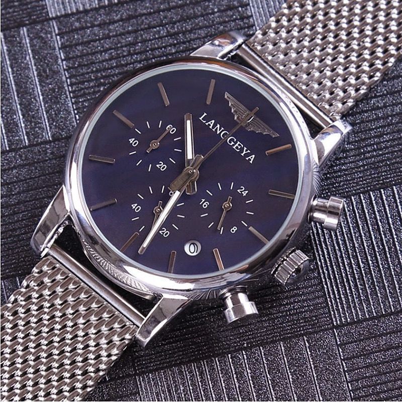 浪格雅手表男韩版休闲多功能六针石英防水网带皮带日历手表男表