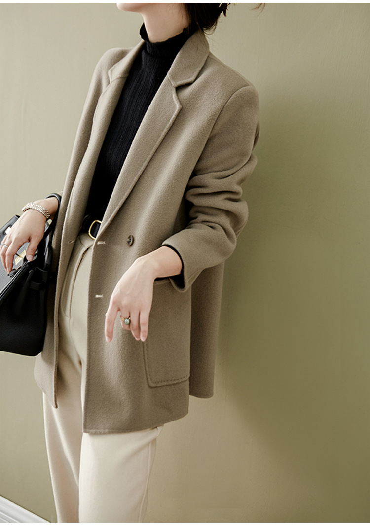 显白茶色西装领羊毛毛呢外套女短款秋冬2020双面大衣