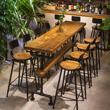 美式做旧实木吧台桌酒吧餐厅靠墙长条桌子奶茶店高脚休闲桌椅组合