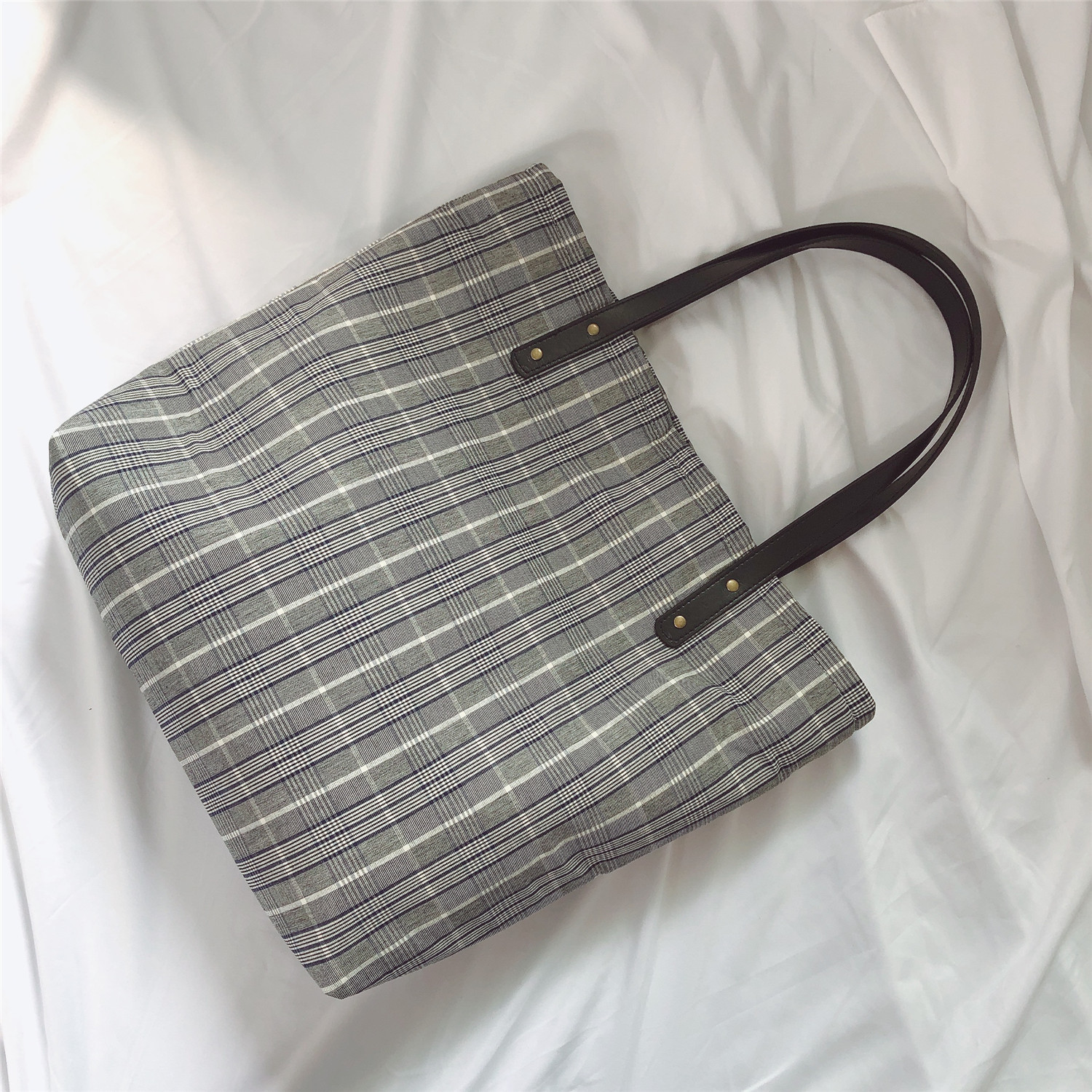 【归蝶布包】文艺格子布包单肩女棉麻素托特包大容量厚实牢固拉链