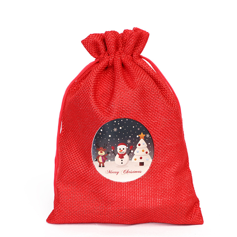 定制10*14红色麻布袋圣诞套装 节日派对创意礼品装饰束口包装袋