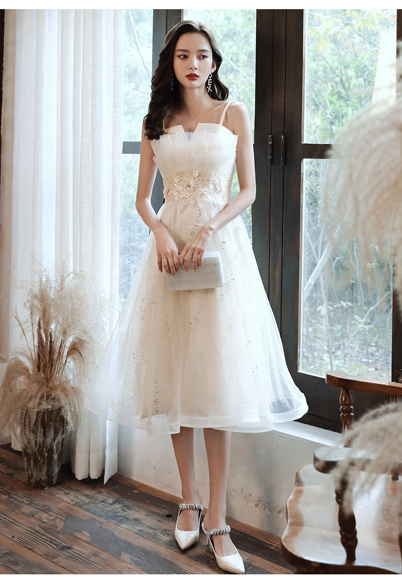 2021新款吊带抹胸香槟色伴娘服宴会优雅小礼服气质晚礼服连衣裙女