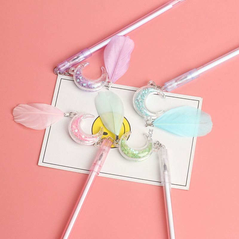 创意羽毛月亮吊坠中性笔星星亮片挂件笔学生签字笔学生文具用品