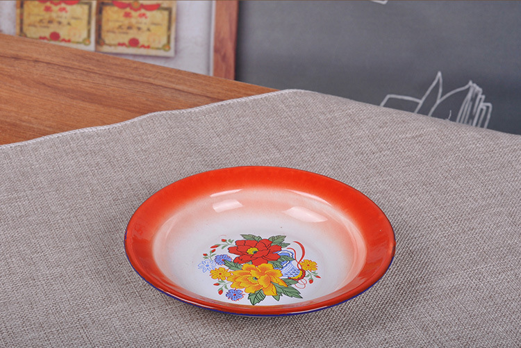 老式搪瓷菜碟白黄色圆形盘子小吃烧烤火锅碗碟盘餐具怀旧搪瓷盘