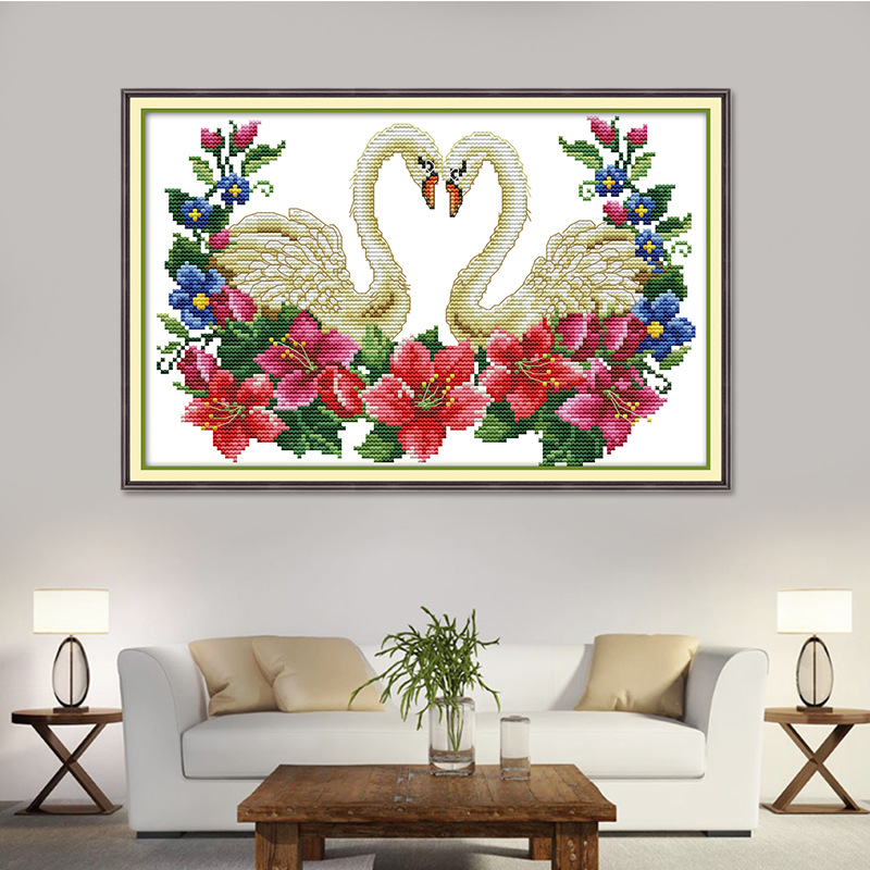 厂家批发十字绣一对天鹅客厅大幅刺绣画送爱人卧室装饰画一件代发