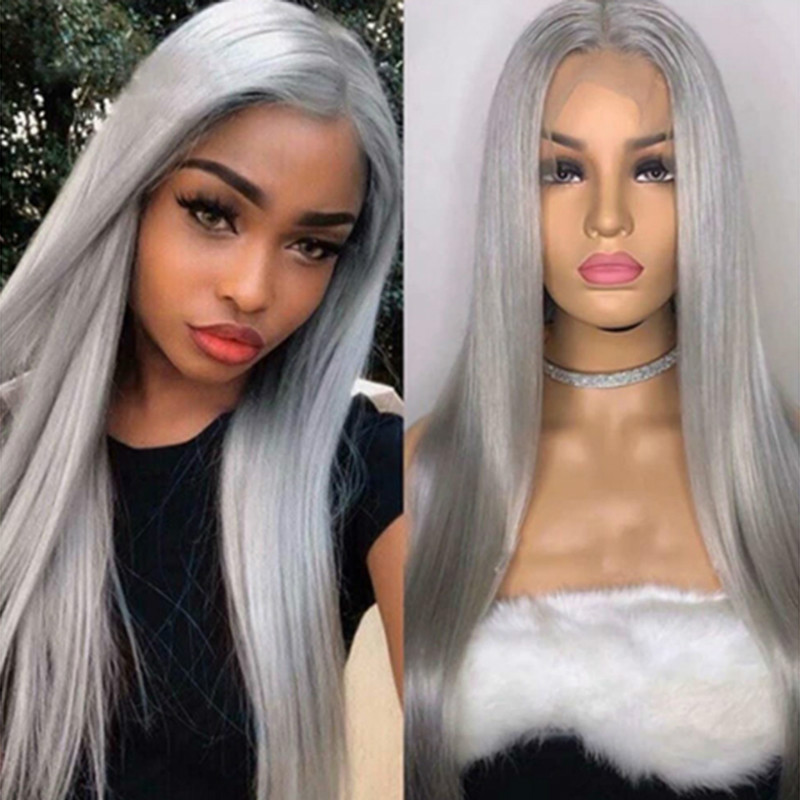 亚马逊新品假发女奶奶灰长直发欧美时尚化纤丝头套straight hair