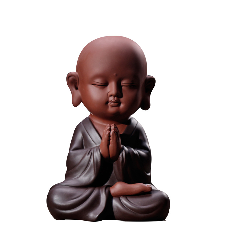 禅意紫砂祈福小和尚家居软装饰品中式玄关客厅佛堂大号小沙弥摆件