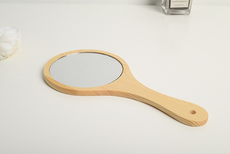 美容院短柄化妆镜木质便携镜子手持梳妆镜松木工艺品化妆手柄镜