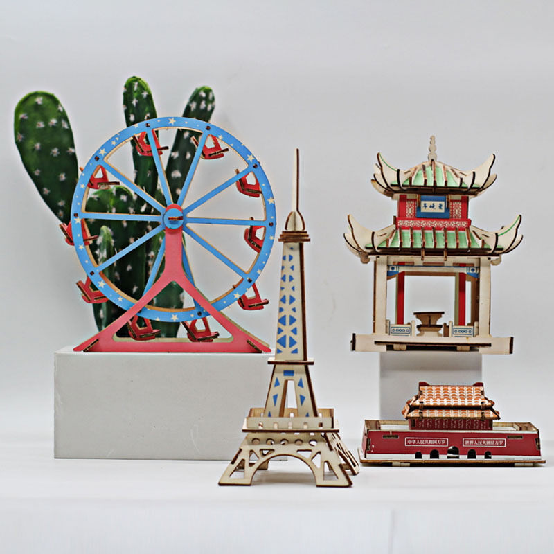 热卖跨境3d立体拼图手工木质拼装建筑模型益智类diy创意解压玩具